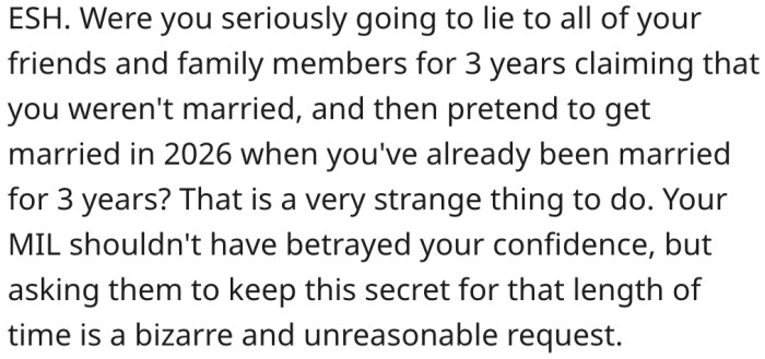 Asking her mother-in-law to keep such a secret for years is a ridiculous request.