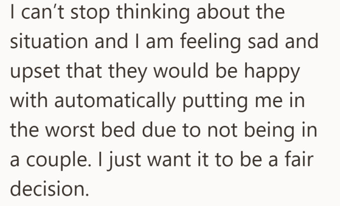 The situation weighs on her because it feels personal, not practical.