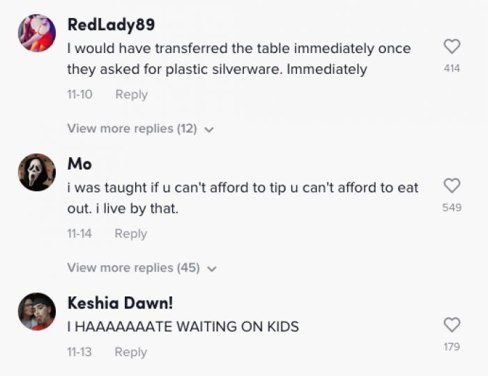 People had so much to say from the plastic silverware, to hating to serve kids, and how tipping is important.