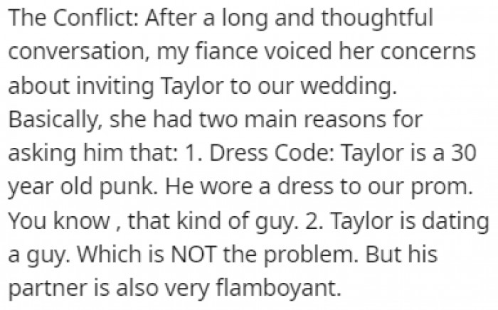 OP's fiancé was worried about inviting Taylor to the wedding since he was the type of person who could make a scene