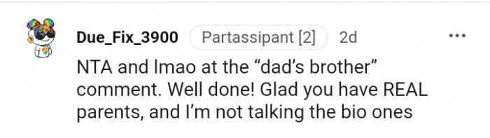 This Redditor is glad the OP has real parents