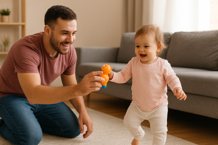 The little one took her first unassisted steps right there in front of him—wobbly, adorable, and completely unplanned.