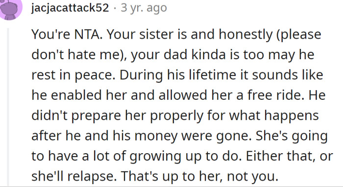 Redditor criticized the OP's sister and dad