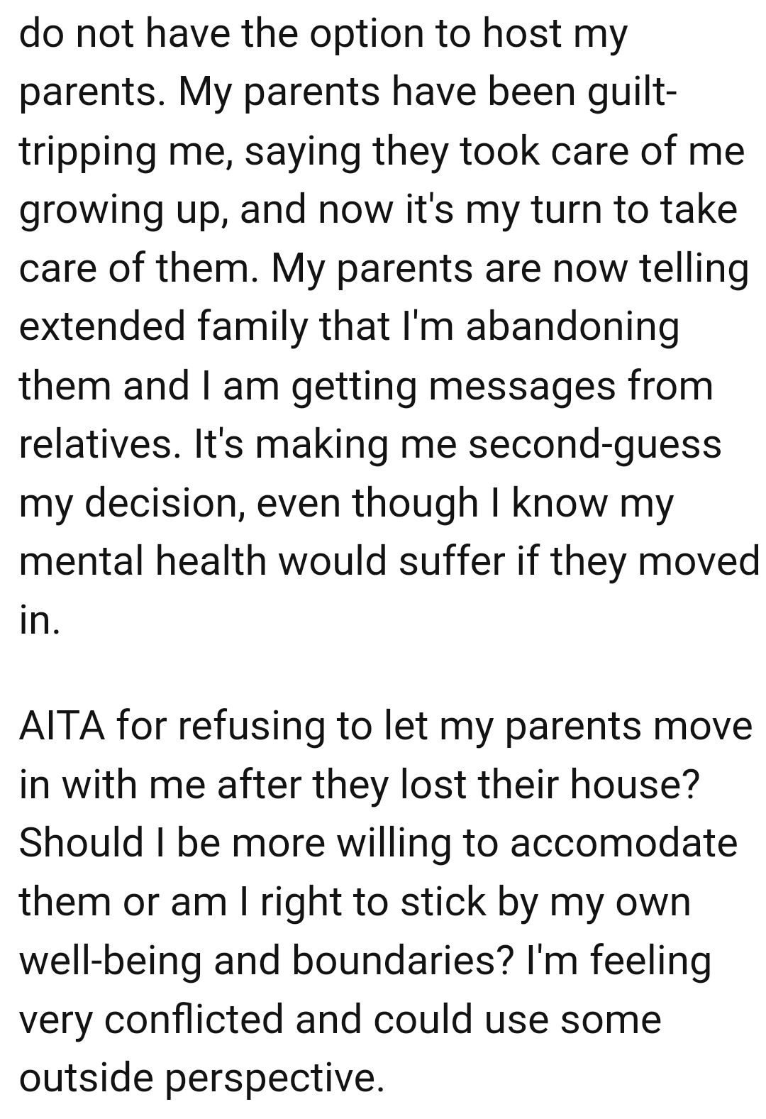 OP's parents are now telling extended family that she's abandoning them