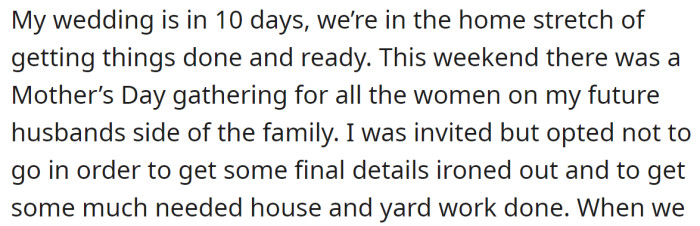 The OP said their wedding is in ten days: