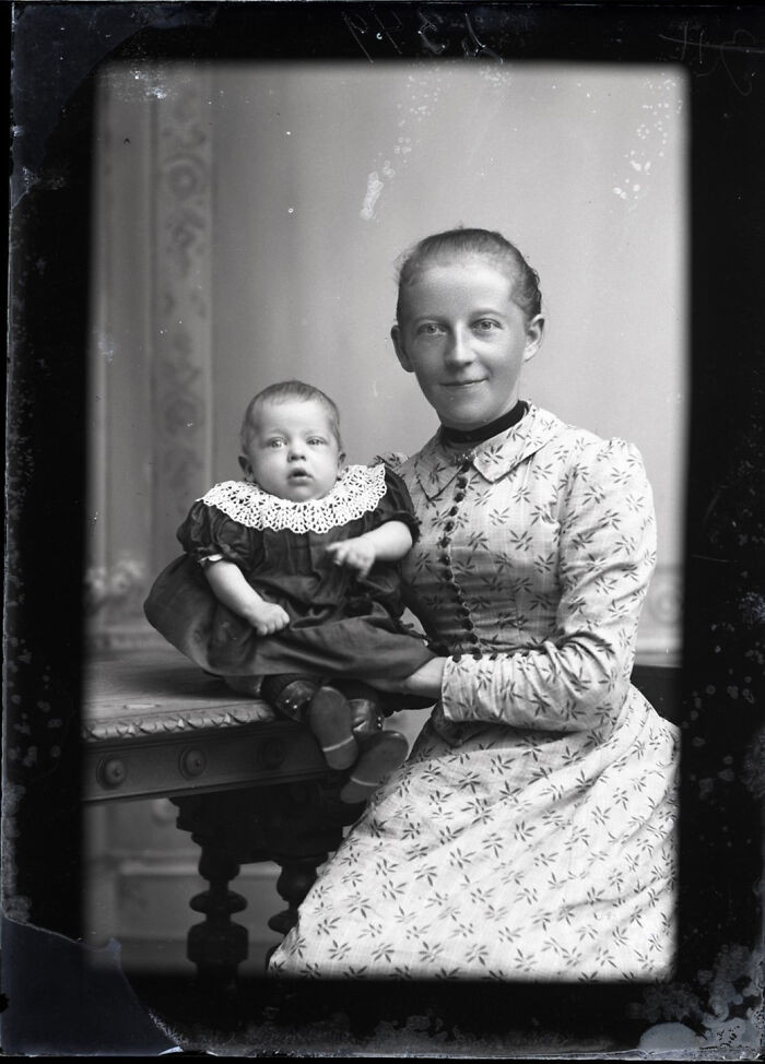 "Rasmine Frederikke Rasmussen Nielsen (05/03/1870) Smiles With Her Little Baby Boy Jørgen Frederik Hansen Bang (22/03/1894), Denmark, July Of 1894. Glass Negative"