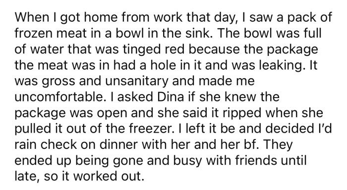 But when the OP spotted the way her roommate was defrosting the meat, it made her uncomfortable.
