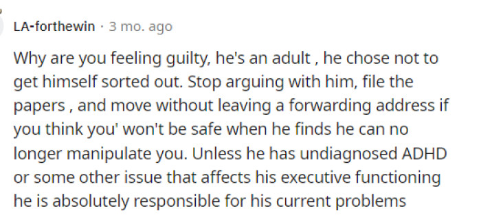 It's obviously his fault regarding the Green Card, and he can't rely on her anymore, especially because they are separated.