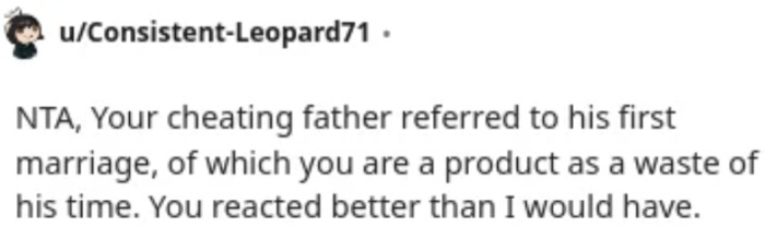 Father's disrespectful behavior at the engagement party.