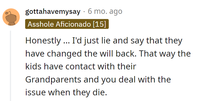 Let's sprinkle some fictional will magic, keep the peace with the grands, and save the drama for the hereafter. Problem solved!