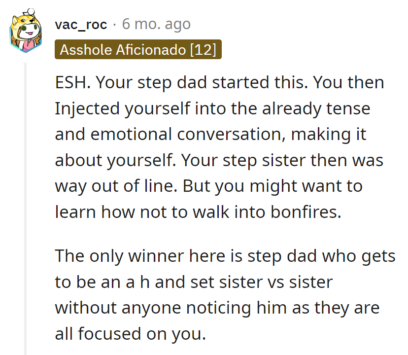 Stepdad lit the fire; OP danced in, and the stepsister lost her cool. Stepdad: the puppet master enjoying the show in the shadows.