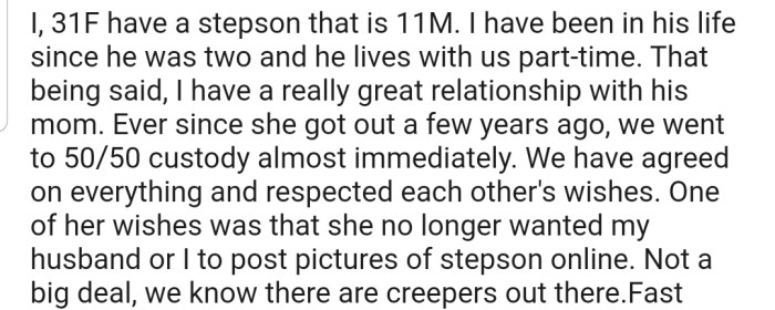 OP, her husband, and his ex all agreed that they would not upload pictures of their 11-year-old (OP's stepson) online