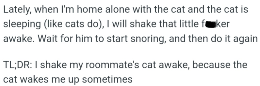 OP has a mischievous habit of gently shaking their roommate's cat awake when he is asleep; this is a playful revenge for the cat waking them up at night.