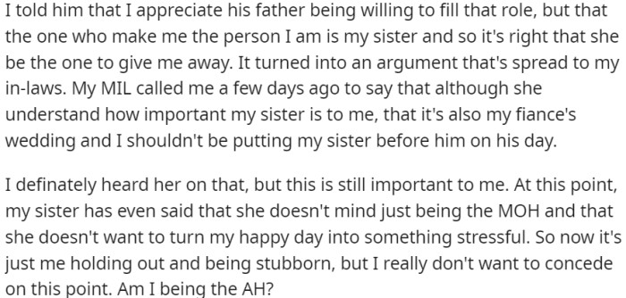 Despite objections from her fiancé and mother-in-law, OP is reluctant to compromise on this decision