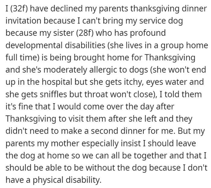 OP's parents want her to leave the dog behind for the sake of them being all together as a family