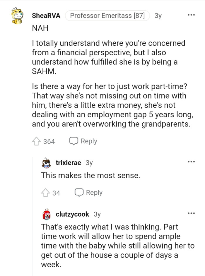 Is there a way for OP's wife to work part-time?