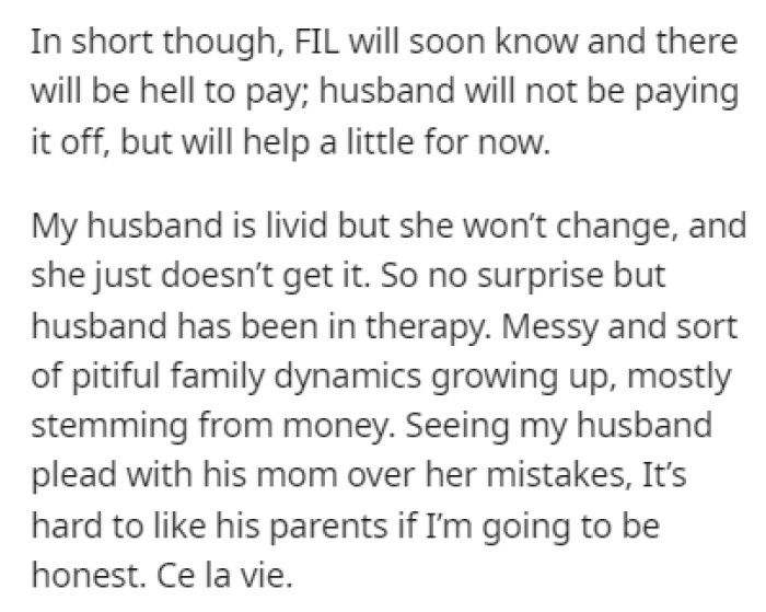 The husband is doing his best to help his mother with the money issues