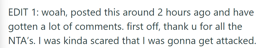 OP received lots of NTA (Not The A**hole) comments, feeling relieved and thankful for the support.