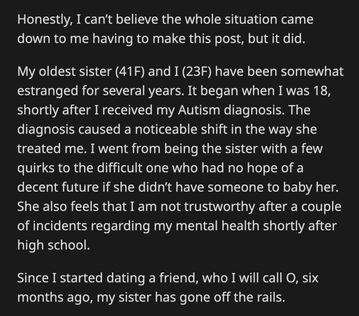 Evidently, her sister ignored OP's wishes. OP was preparing to go out on a date with Oliver.