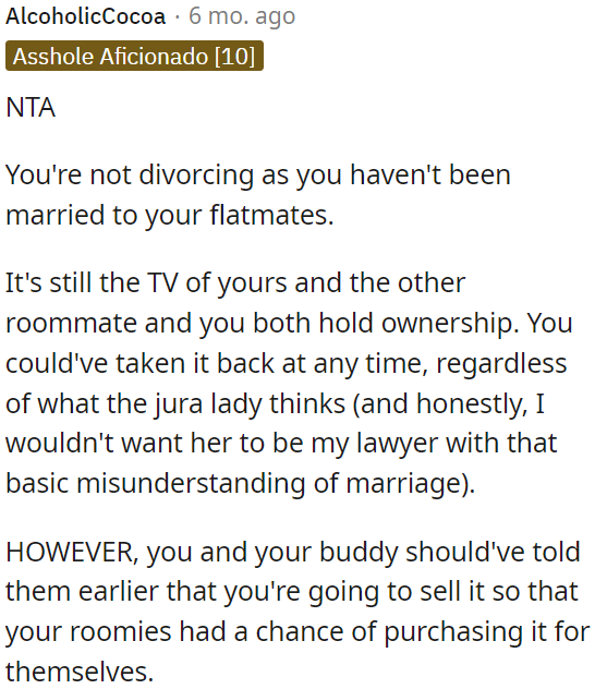 It would have been good if OP had informed his roommates about the sale of the TV in advance so that they would have the opportunity to buy it themselves.