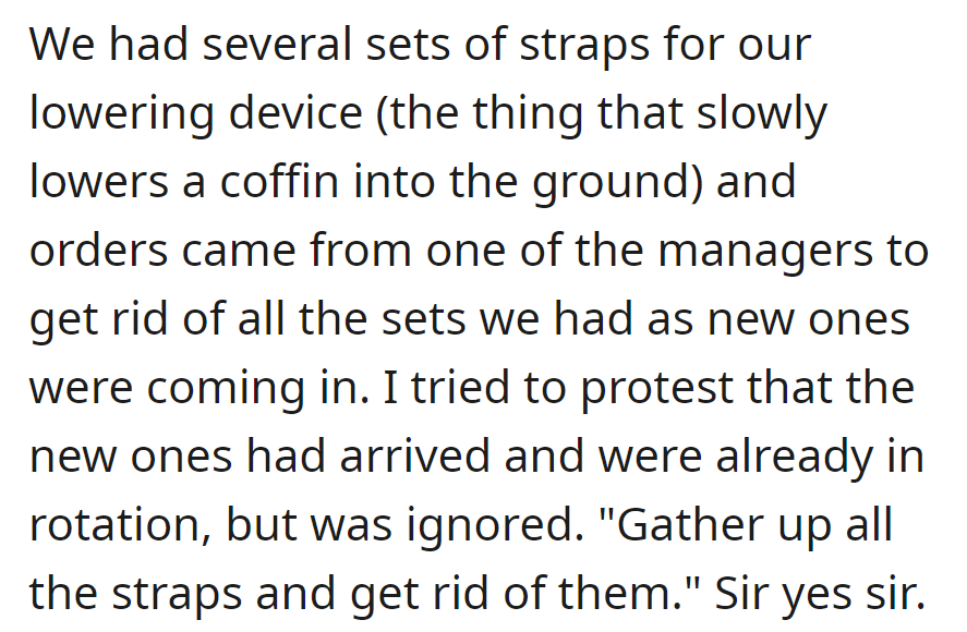 OP was ordered to dispose of old lowering device straps despite new ones already in use. Protest ignored, and followed instructions to discard.
