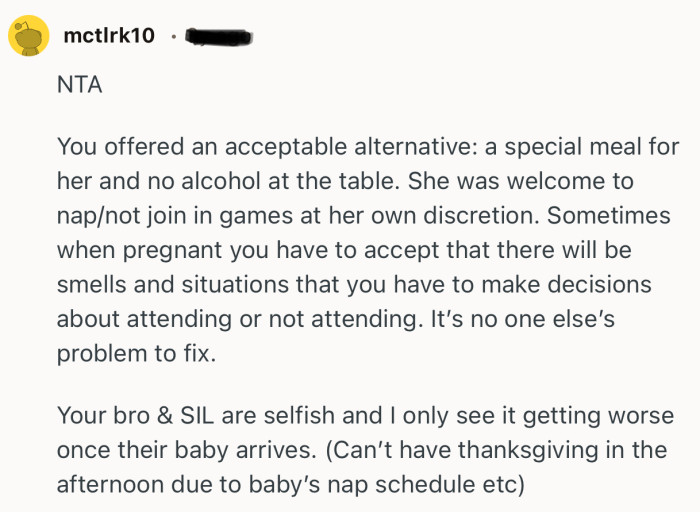“NTA…You offered an acceptable alternative: a special meal for her and no alcohol at the table.”