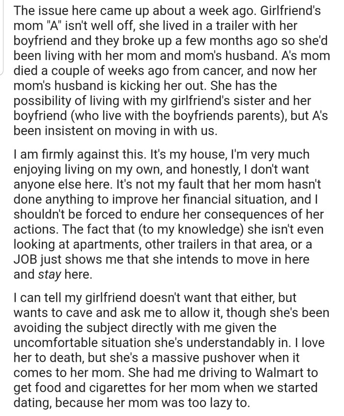 OP is opposed to his girlfriend's mom moving in with them