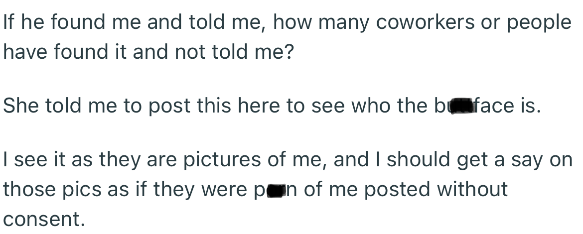 While OP feels she should be able to dictate what happens to her pictures, her wife feels that she should also have a say in what happens to pictures on her personal account