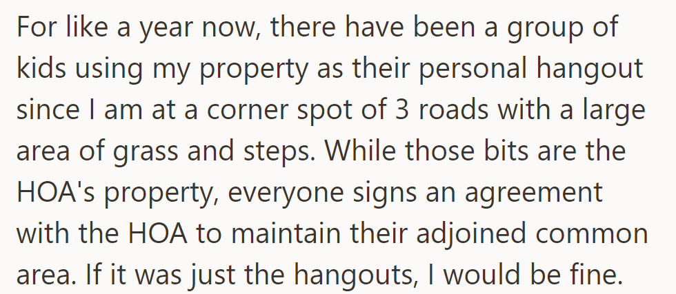 For a year, kids have been using their corner property as a hangout spot, although it's technically the HOA's.