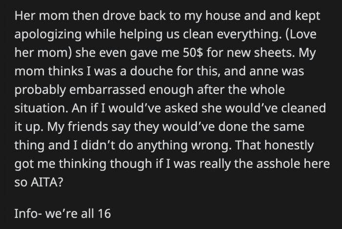 Anne's Mom Drove Back and Apologized for What Happened. She Gave OP Money to Replace Her Ruined Sheets.