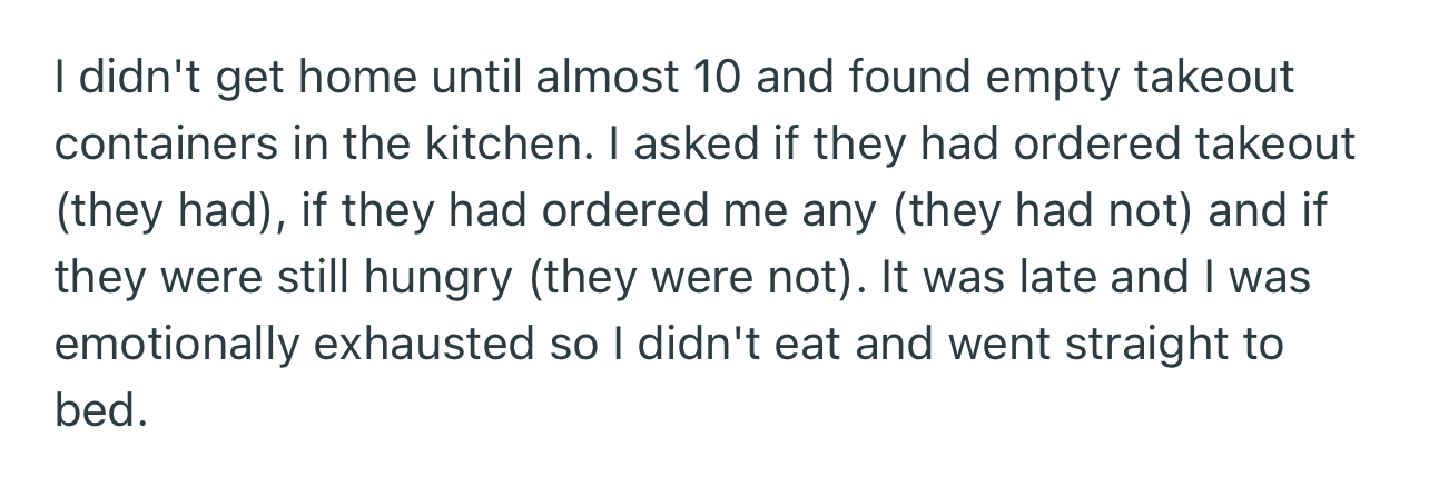 OP got home to find out that their partner had eaten and only ordered takeout for themself