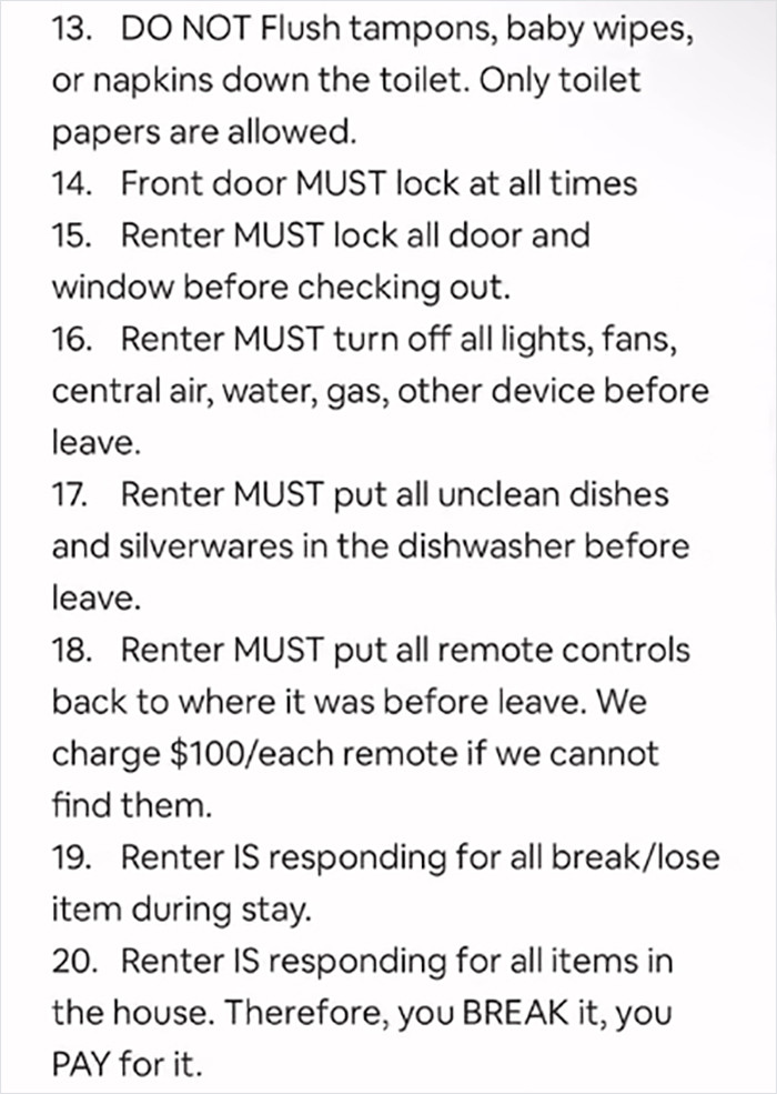 The list included things like being charged $50 a minute for late checkout, costs for wearing shoes in the house, and only being allowed to drink three beers per day.