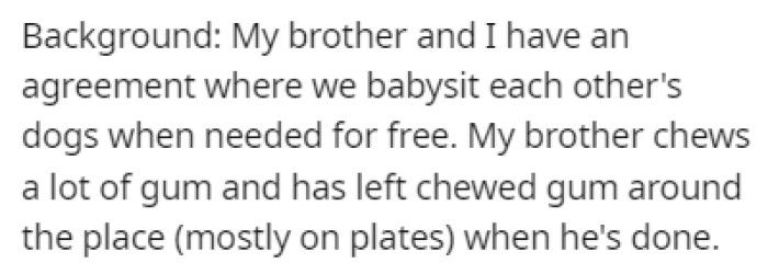 OP has an agreement with their brother where they babysit each other's dogs when needed