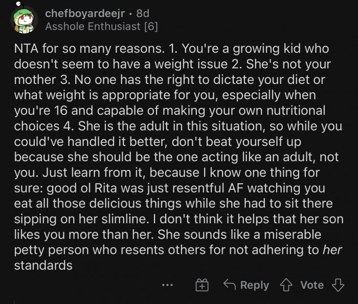 Rita is just resentful that OP can eat all that food.