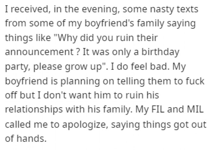 She received some nasty texts regarding her leaving her own party.