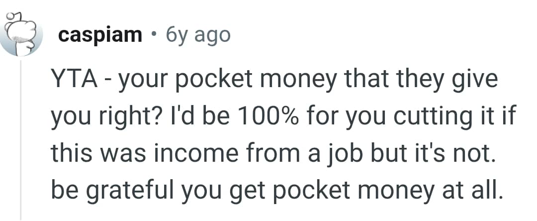 The OP should be grateful he receives pocket money