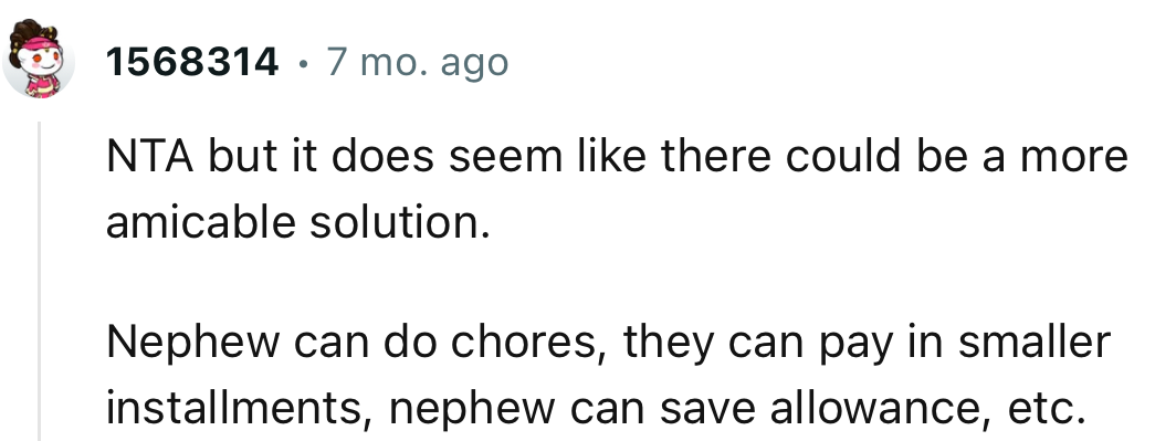 “Nephew can do chores; they can pay in smaller installments; nephew can save allowance, etc.”