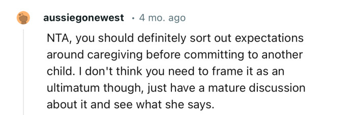 “NTA, you should definitely sort out expectations around caregiving before committing to another child.”