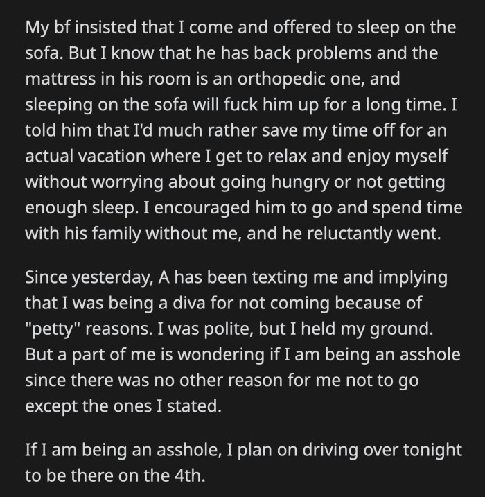 OP says if she proves to be the a**hole for making those demands, she will do everything to be with her boyfriend and his family.