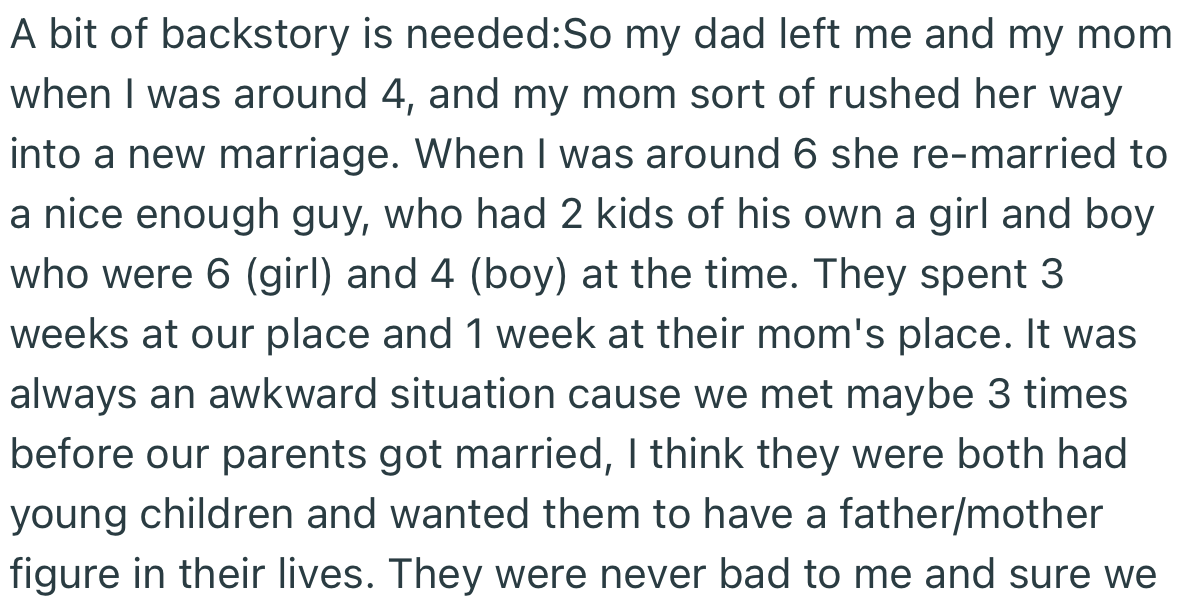 OP’s Parents Divorced When He Was 4 Years Old, and His Mom Remarried 2 Years Later. This New Man Had 2 Kids of His Own