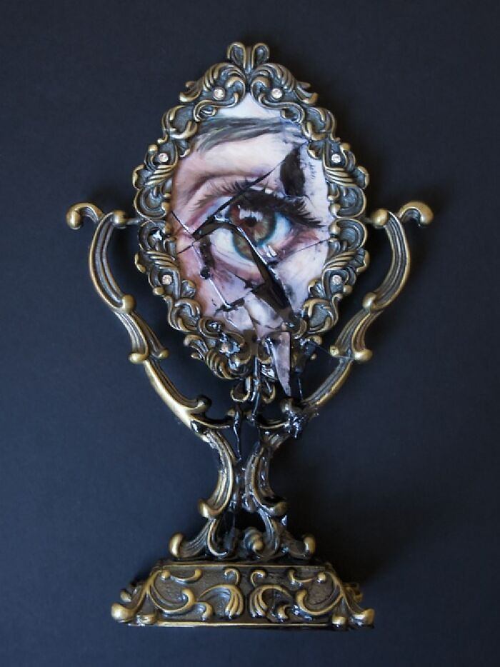 "Oil on glass with resin sculpture in vintage frame."