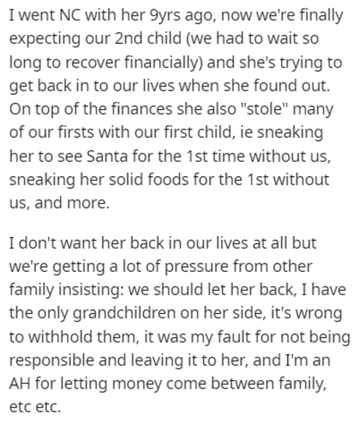 OP went no contact with their mom after that, but now she wants to sneak back into their lives