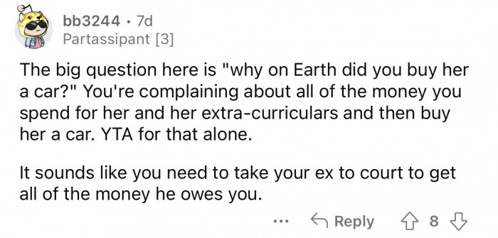 Op should have thought about the expenses before buying her daughter a car.