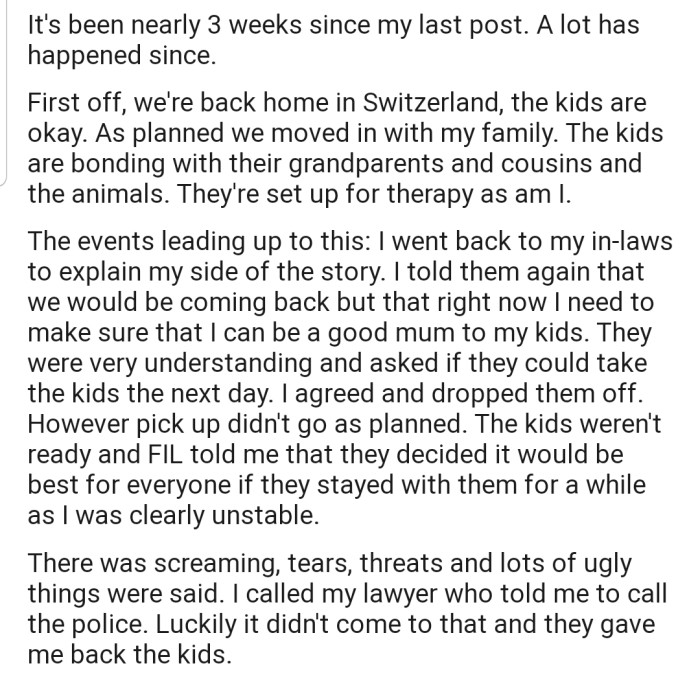 OP has had a tough time emotionally since losing her husband. However, before returning to her country, she decided to leave her kids with her in-laws for a day. Unfortunately, getting her kids back has proven impossible, as her in-laws accused her of being unstable.