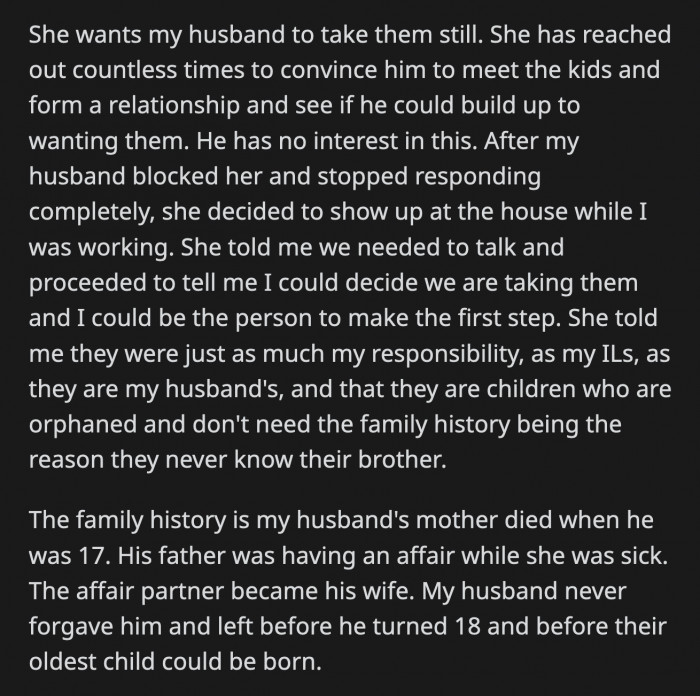 She told OP they were her responsibility and it would be sad if their family history became the reason why they never meet their half-brother