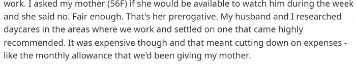 She then mentioned that she asked her mom for help, which her mom denied.