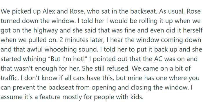 OP has discussed the issue with Rose and Alex, offering to use air conditioning instead, but Rose insists on having the windows down.