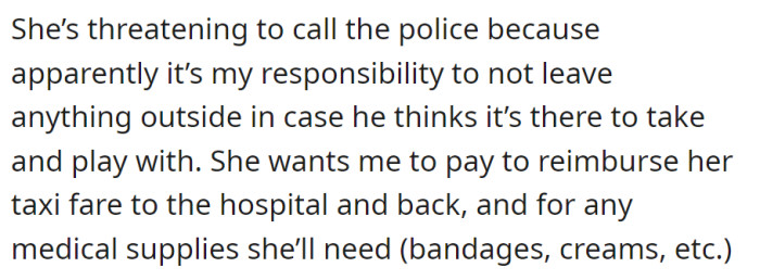 Claiming it's the neighbor's duty not to leave things out for her son, she demands payment for his hospital visit and medical supplies, threatening police action.