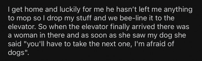 OP wanted to use the elevator, but the woman inside was not a fan of dogs.