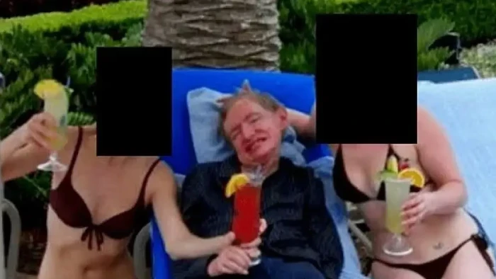 Newspaper-style headline about Hawking conference ties to Epstein, featuring family defense.